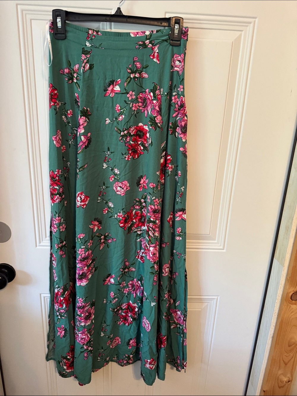 Lulu's Teal Maxi Skirt with Pink & Red Floral Print